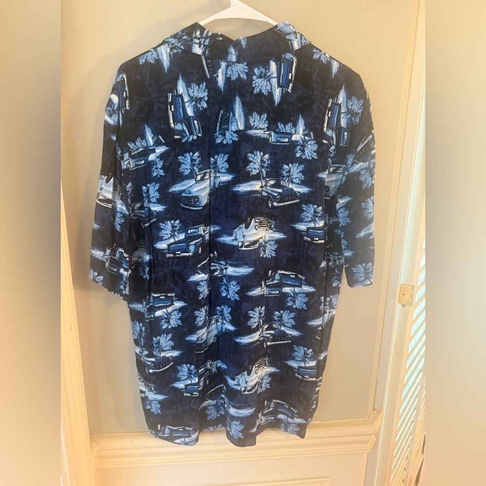 Puritan Hawaiian Shirt Men’s M 38-40 Rayon Cars Palm Trees Navy Blue - Picture 6 of 7